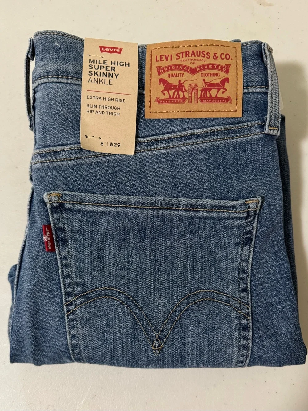 Levi's 29 Stretchy Blue Mile High Super Skinny Ankle Jeans Distressed - Picture 2 of 6